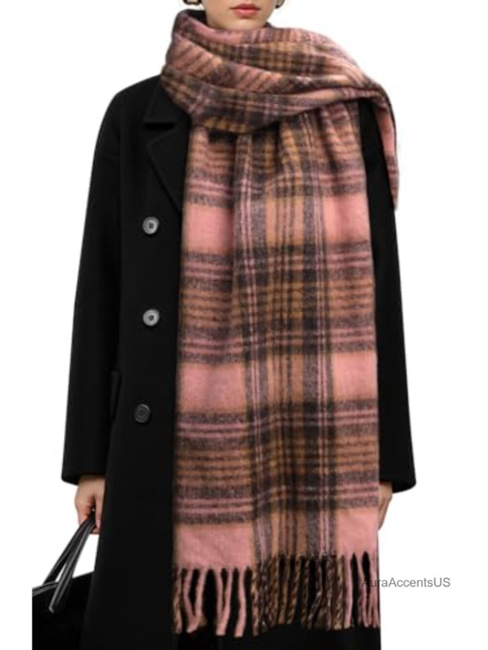 Oversized Mohair Plaid Scarf for Women Winter Warm Wrap Shawl
